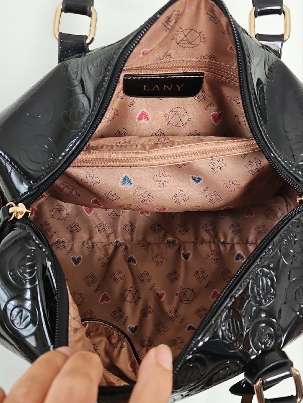 LANY Black Patent Large Satchel Handbag and Matching Wallet/ Wristlet